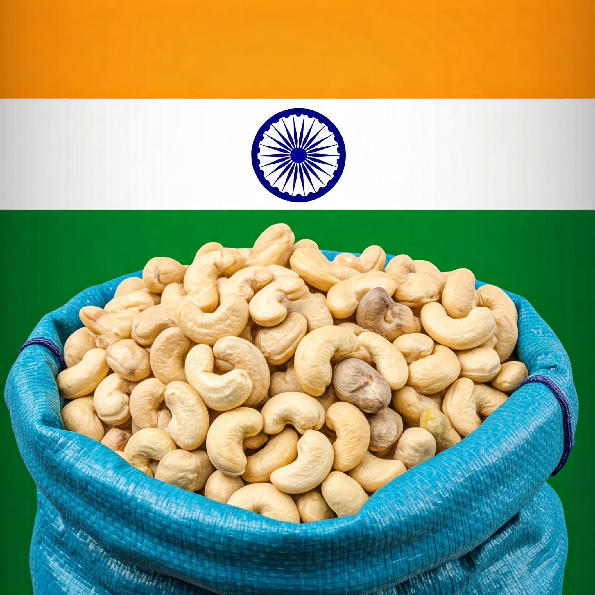Nueces de anacardo en una bolsa de exportación con la bandera de la India (Imagen generada por IA)