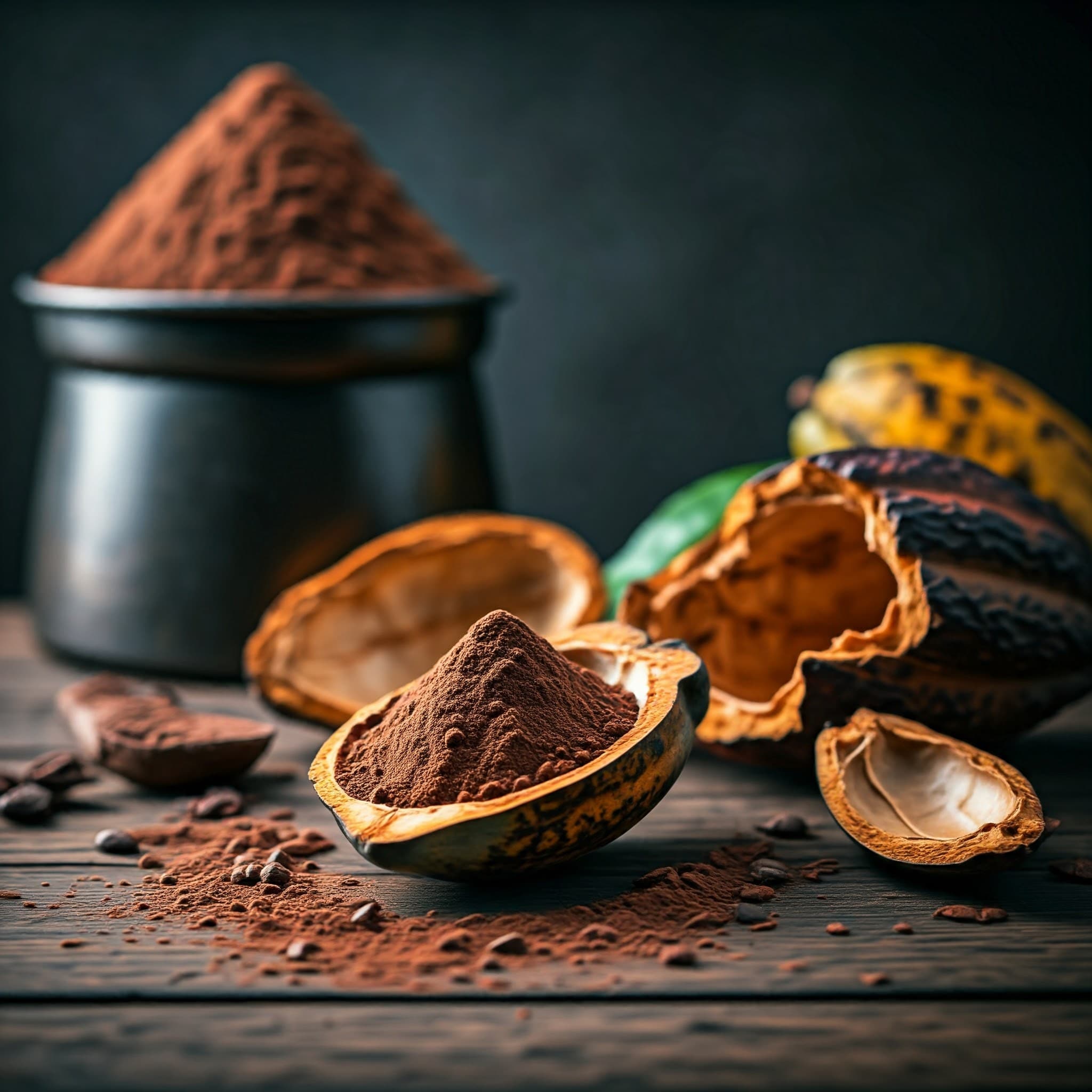 Harina de cacao que utiliza cáscaras de vaina de cacao como ingrediente (Imagen generada por IA)