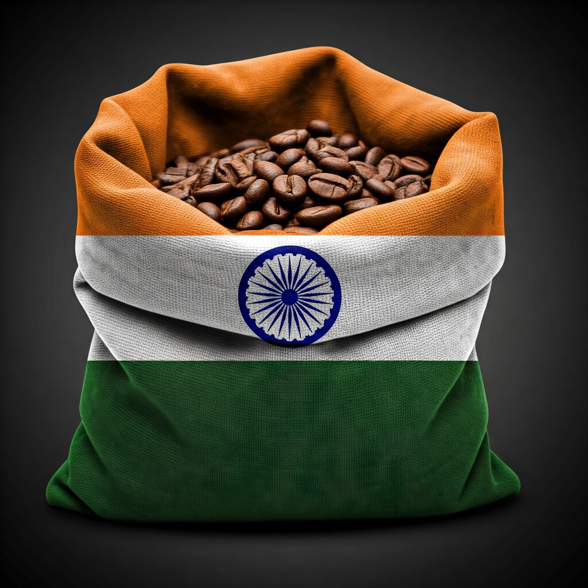 Granos de café en una bolsa de exportación con la bandera de la India (Imagen generada por IA)