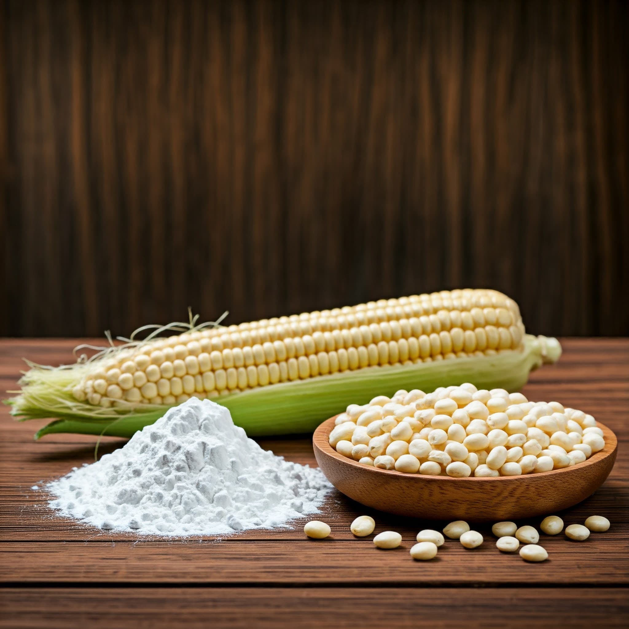 Almidón de maíz blanco elaborado con maíz blanco no transgénico como ingrediente (Imagen generada por IA)