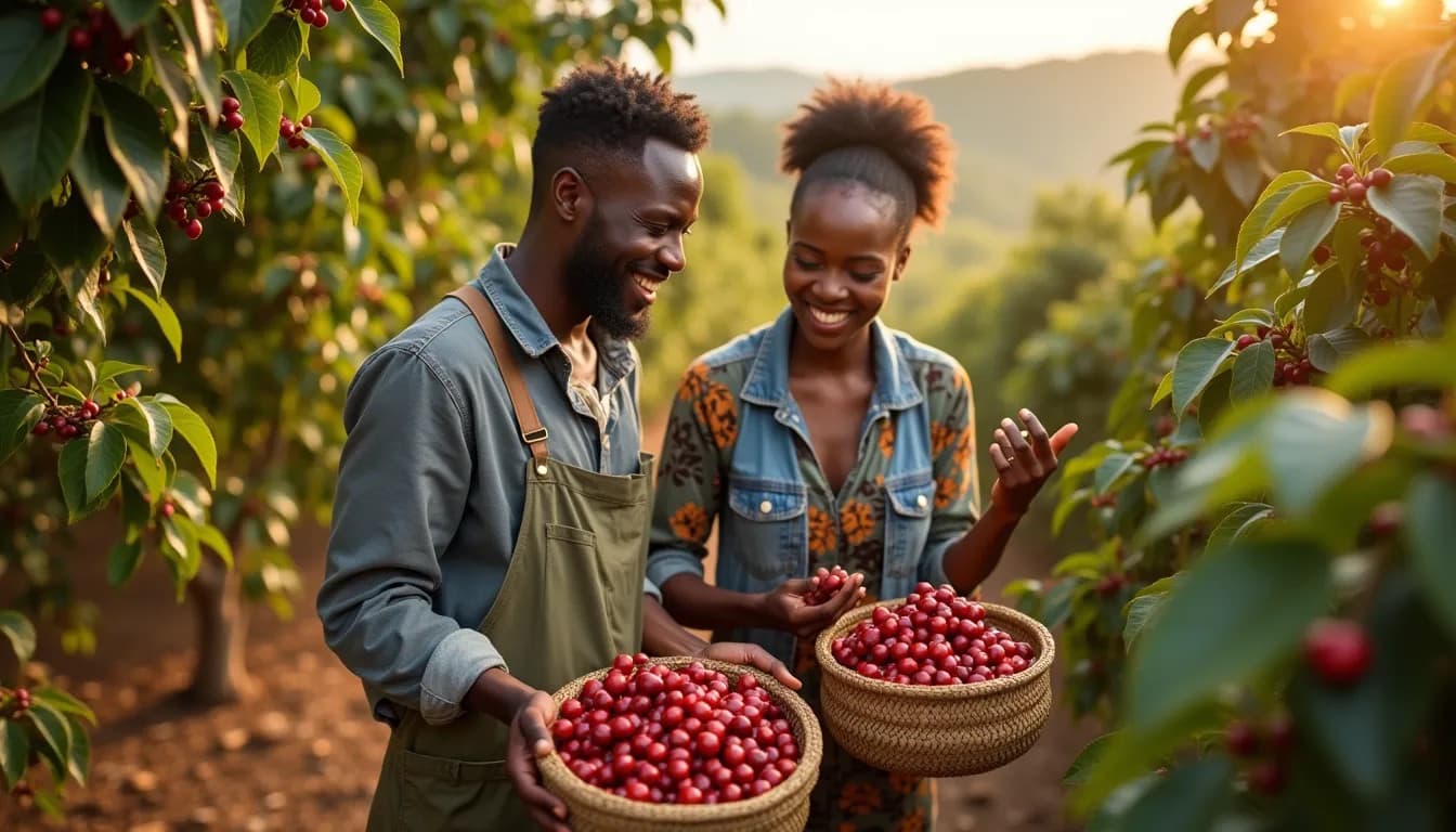 Jóvenes agricultores africanos cosechando cerezas de café (Imagen generada por IA)
