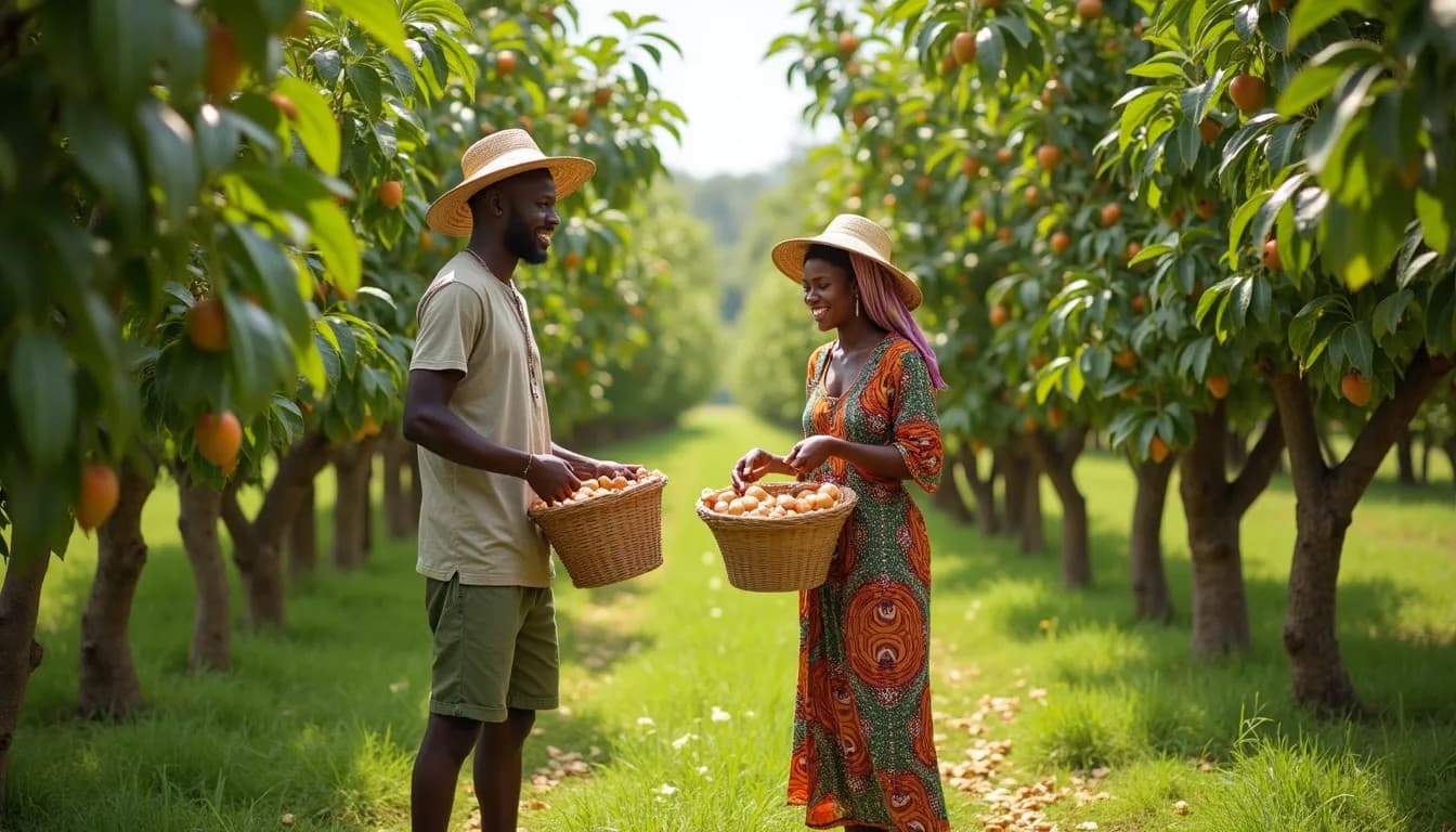 Jóvenes agricultores africanos cosechando frutas (Imagen generada por IA)