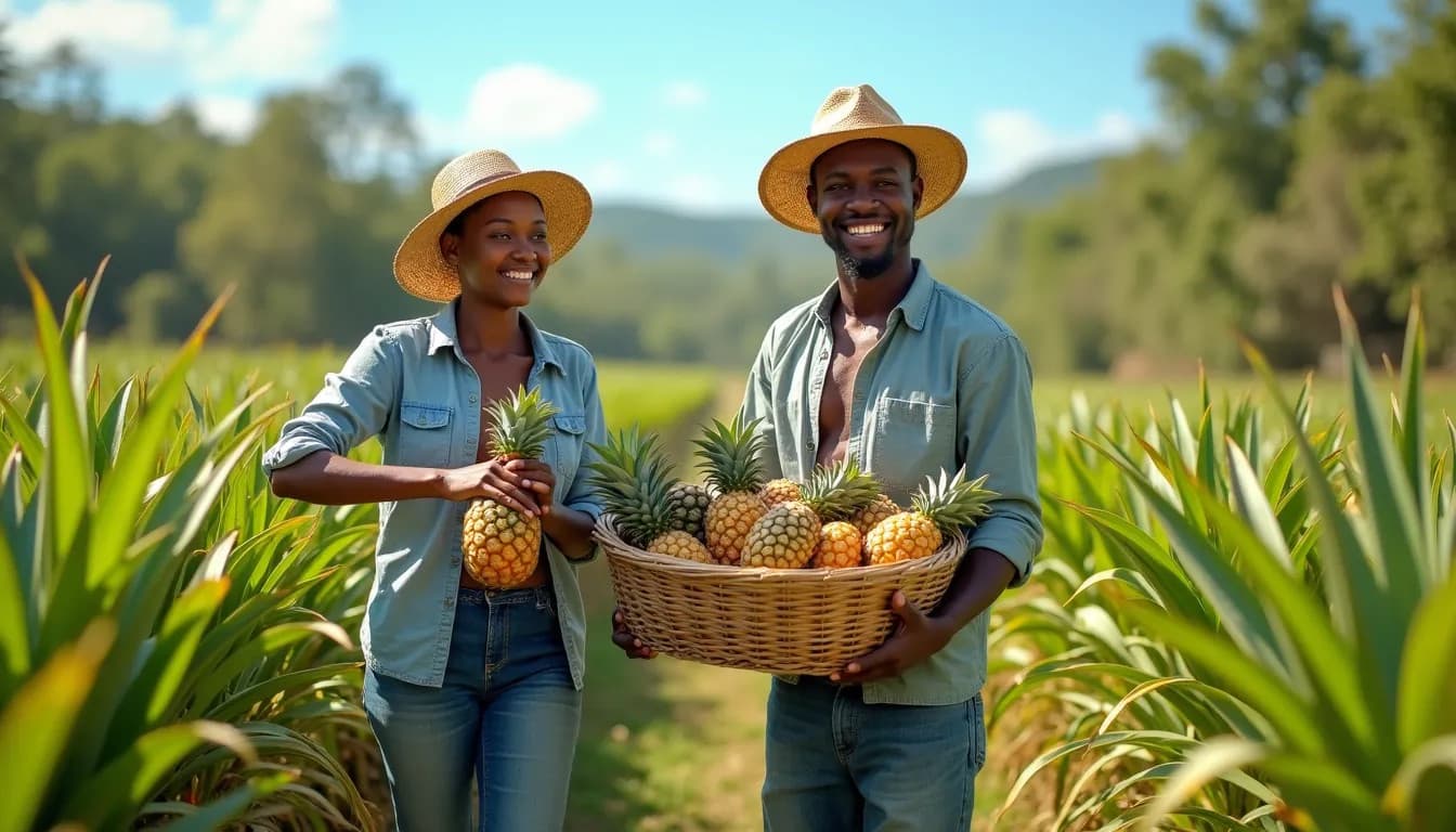 Jóvenes agricultores africanos cosechando piñas maduras (Imagen generada por IA)