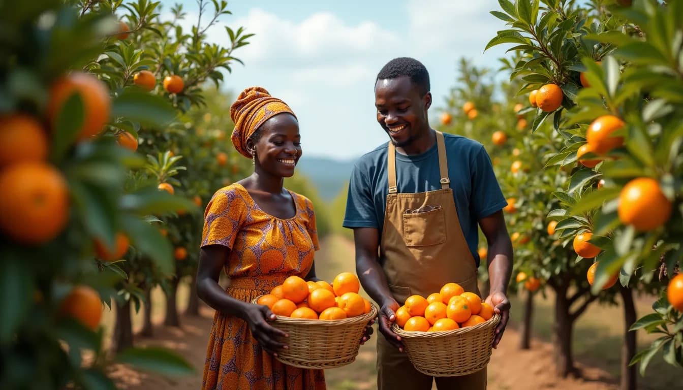 Jóvenes agricultores africanos cosechando naranjas (Imagen generada por IA)