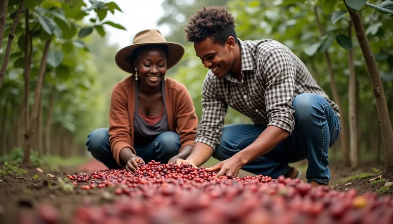Agricultores africanos cosechando cerezas de café (Imagen generada por IA)