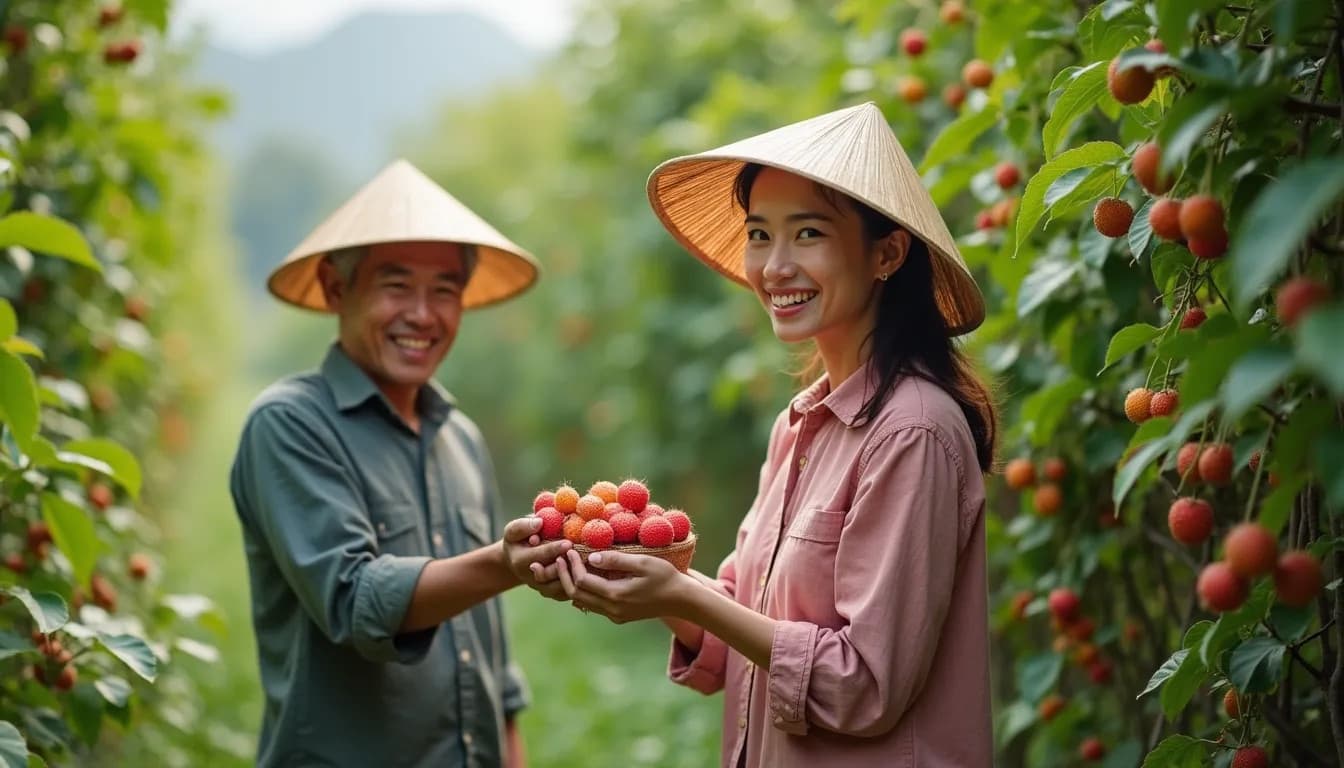 Agricultores vietnamitas cosechando lichis (imagen generada por IA)