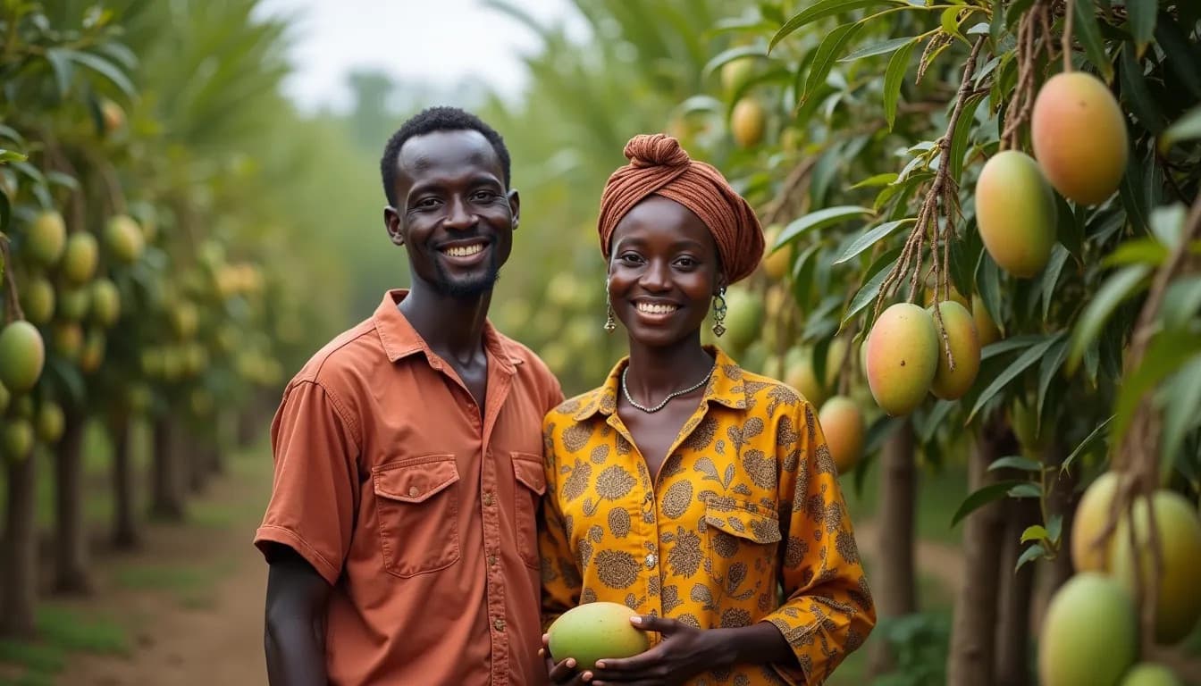 Agricultores africanos cosechando mangos (Imagen generada por IA)