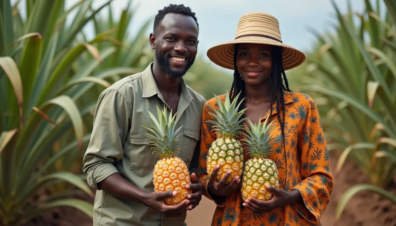Agricultores africanos cosechando piña (imagen generada por IA)