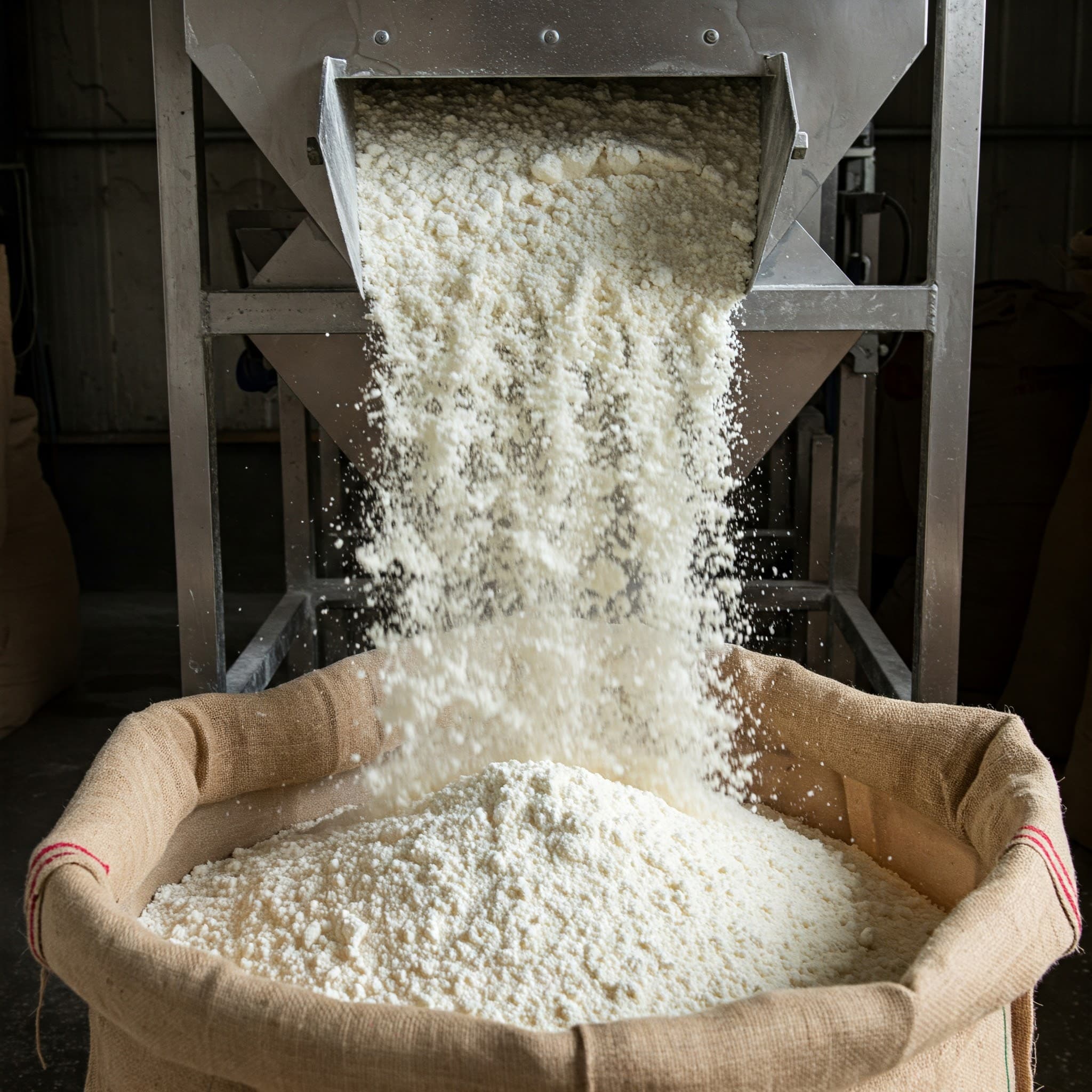 Harina de yuca cayendo en una bolsa (imagen generada por IA)