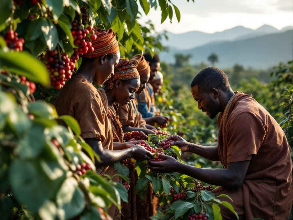 Agricultores cosechando cerezas de café (imagen generada por IA)