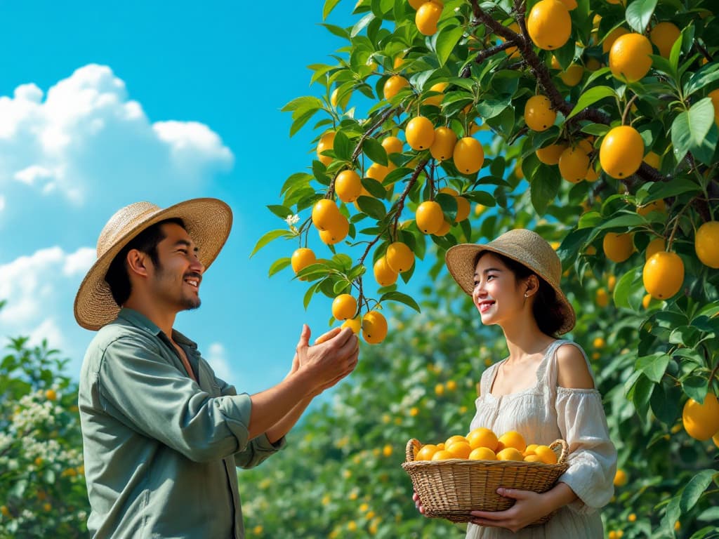 Agricultores cosechando frutas (imagen generada por IA)