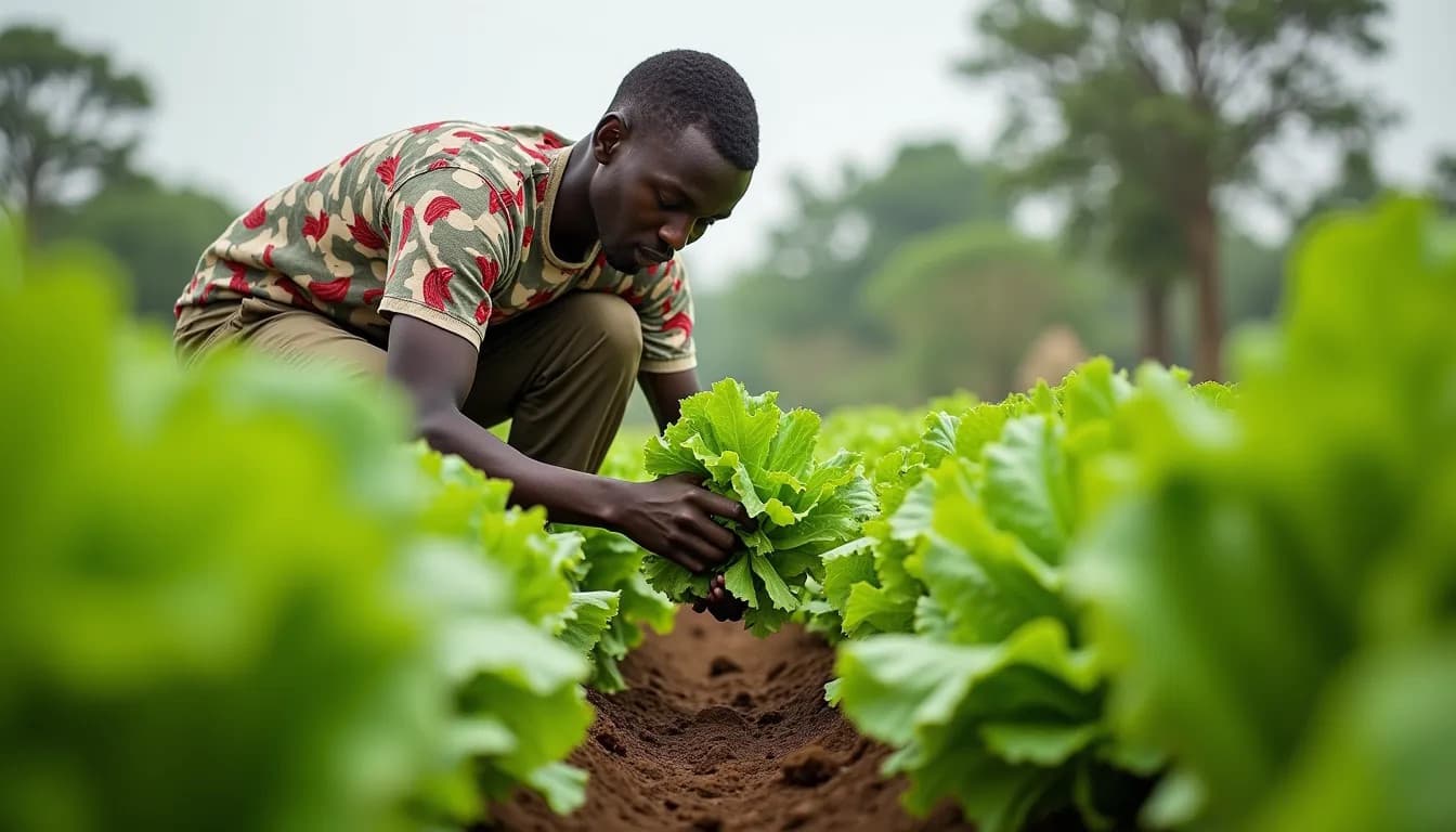El agricultor cosecha lechuga (imagen generada por IA)