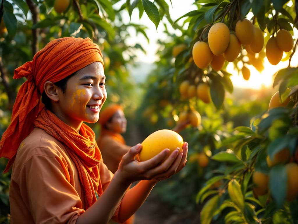 Los agricultores cosechan mangos (imagen generada por IA)