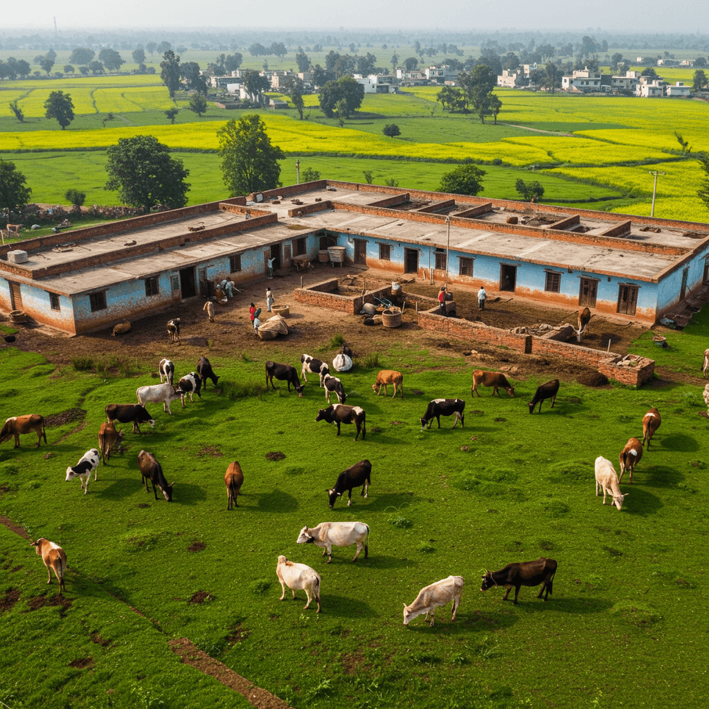 Granja lechera en una zona rural de India (Imagen generada por IA)