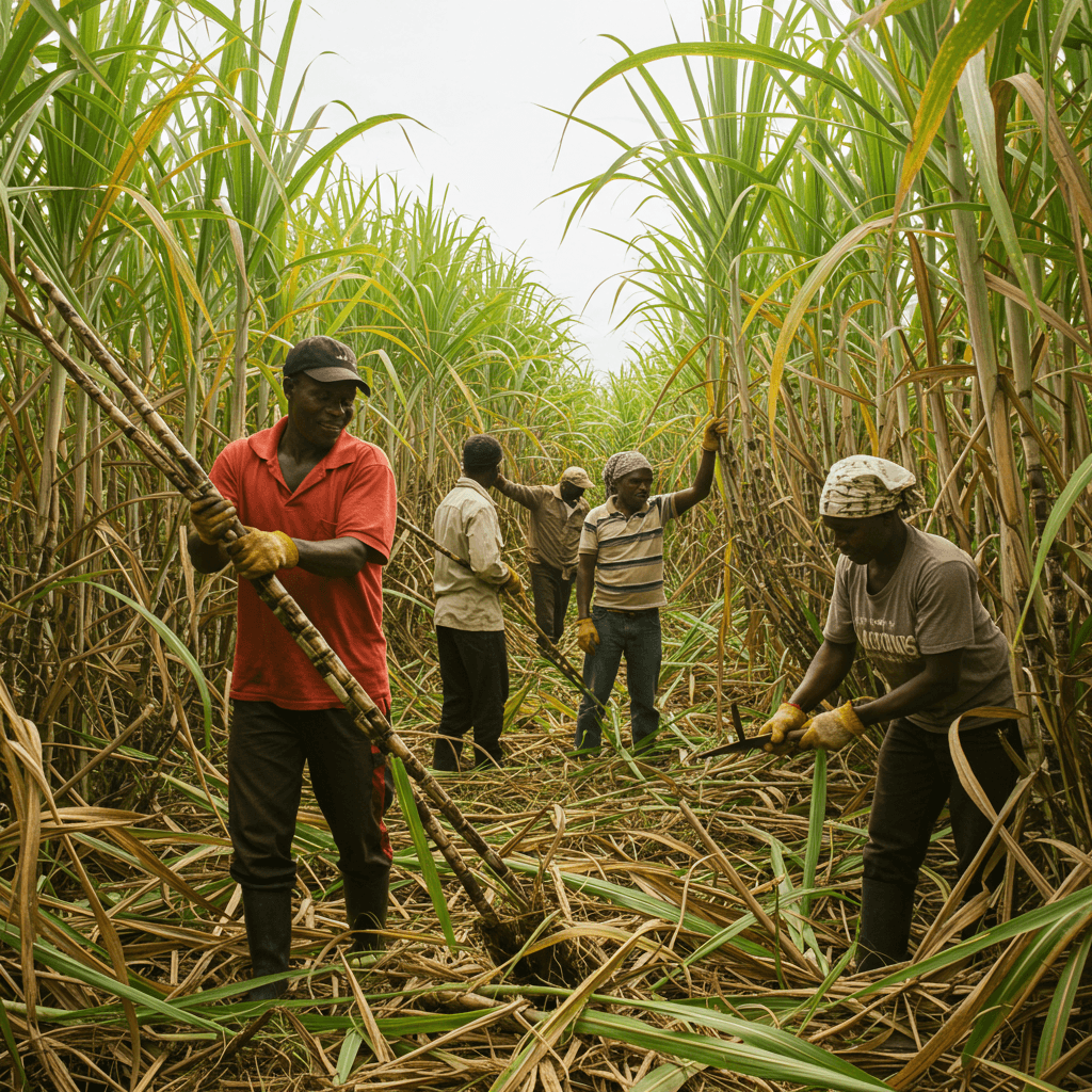 Agricultores africanos cosechando caña de azúcar (Imagen generada por IA)