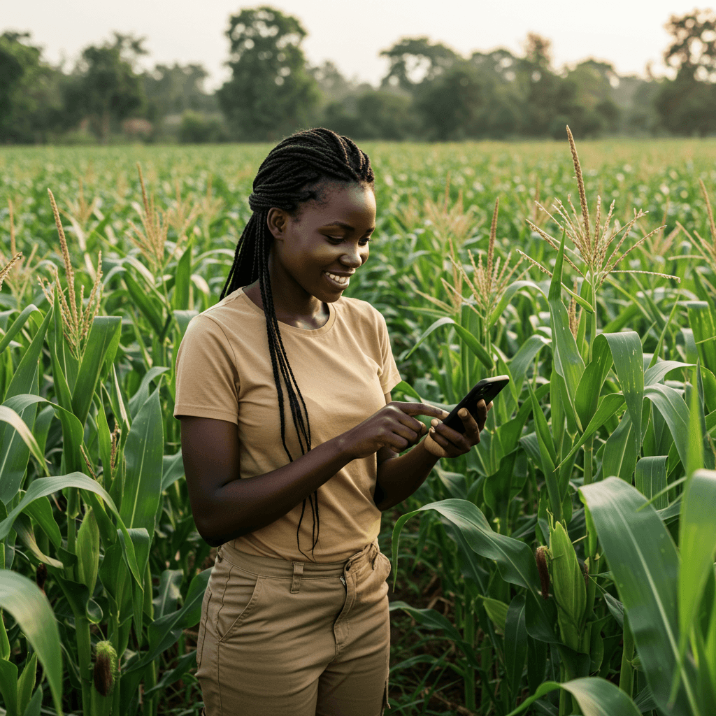 Una agricultora africana usando una aplicación móvil en su campo de maíz (imagen generada por IA).