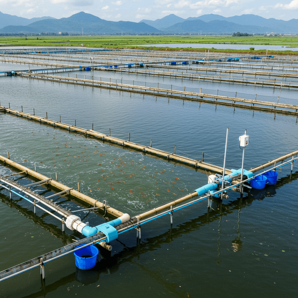 Granja de camarones ecológica en Vietnam con sistemas de recirculación de agua (Imagen generada por IA)
