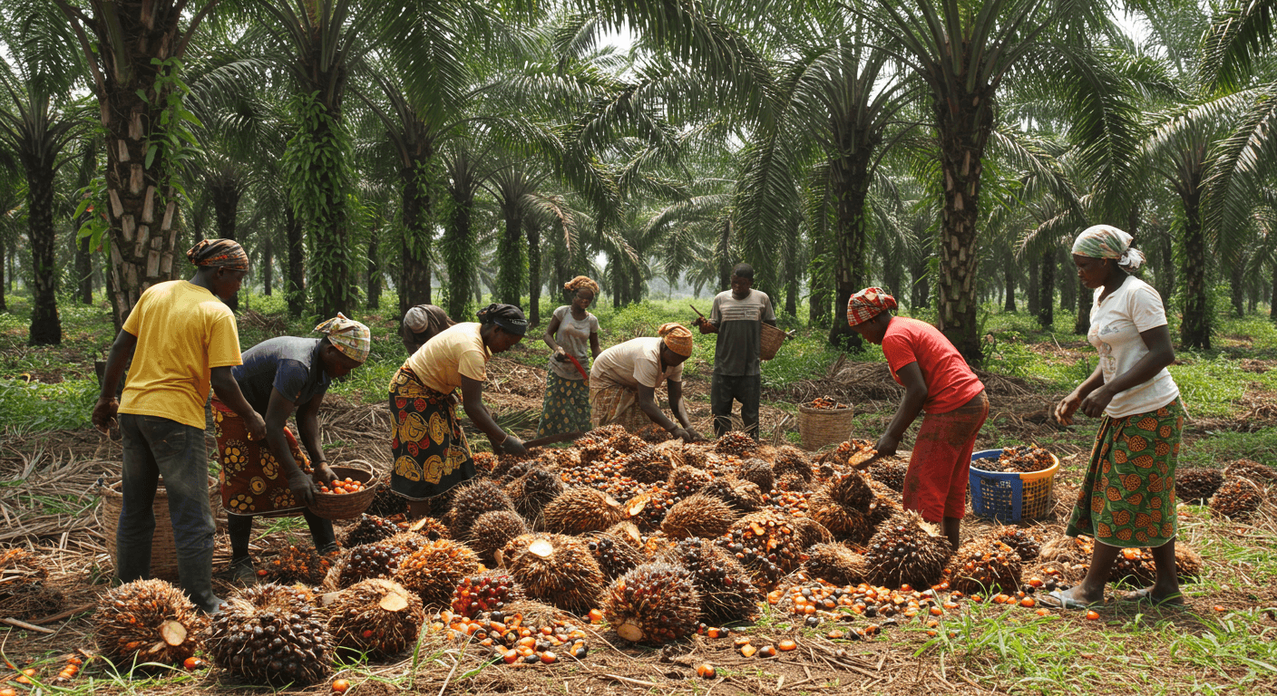Los agricultores cosecharon nueces de palma aceitera en Costa de Marfil (imagen generada por IA).