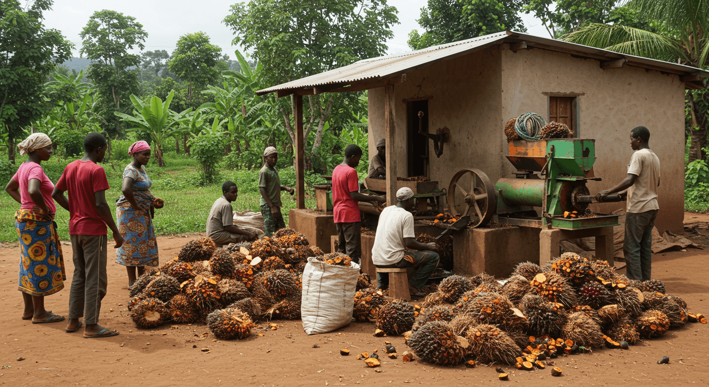 Molienda a pequeña escala de aceite de palma en Sierra Leona (imagen generada por IA)