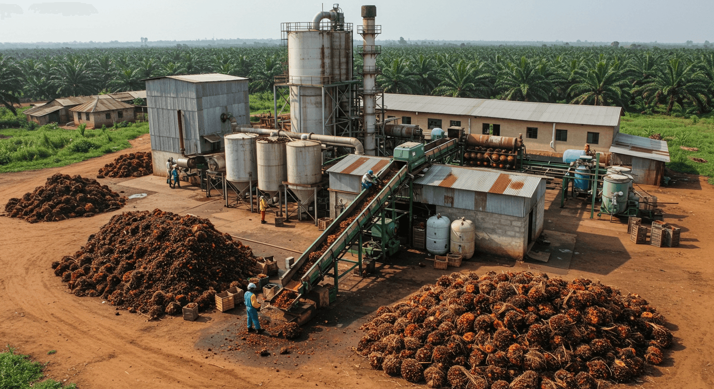 Fábrica de aceite de palma en Nigeria (imagen generada por IA)