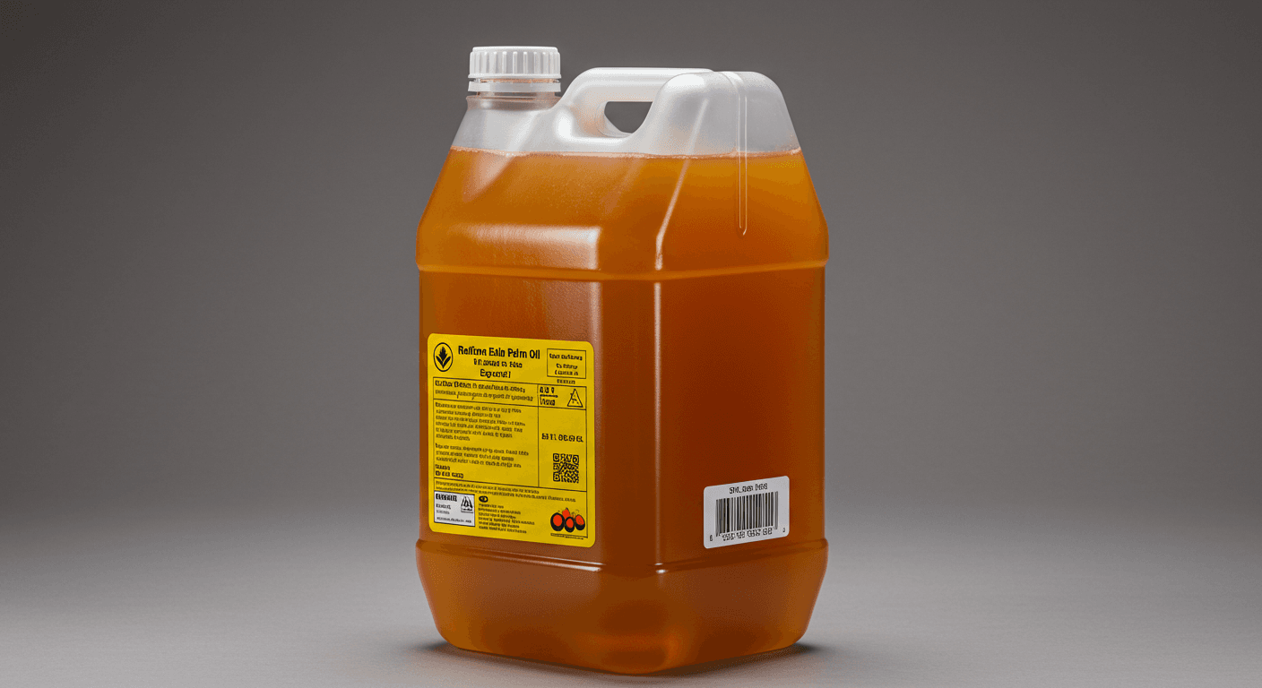 Aceite de palma comestible en bidón de 25L para exportación (imagen generada por IA)