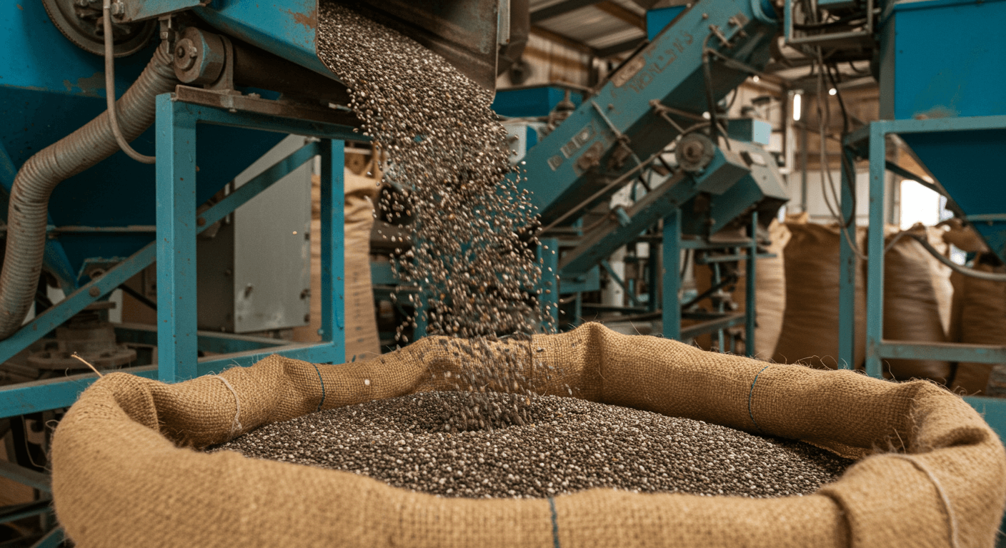 Chia seeds falling into a 50 kg bag on a production line in Nigeria (AI-generated image).