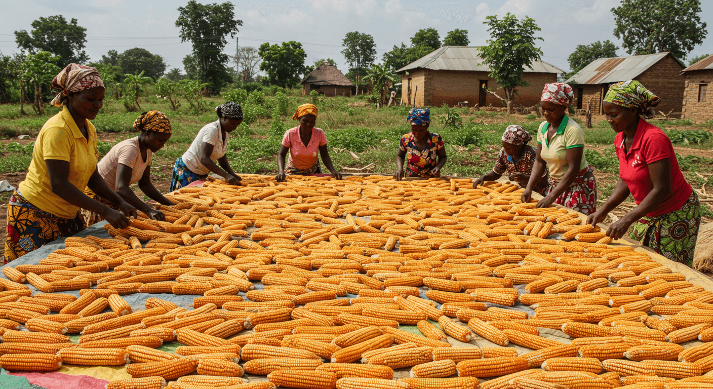 Femmes agricultrices togolaises en train de sécher du maïs récolté (image générée par IA)