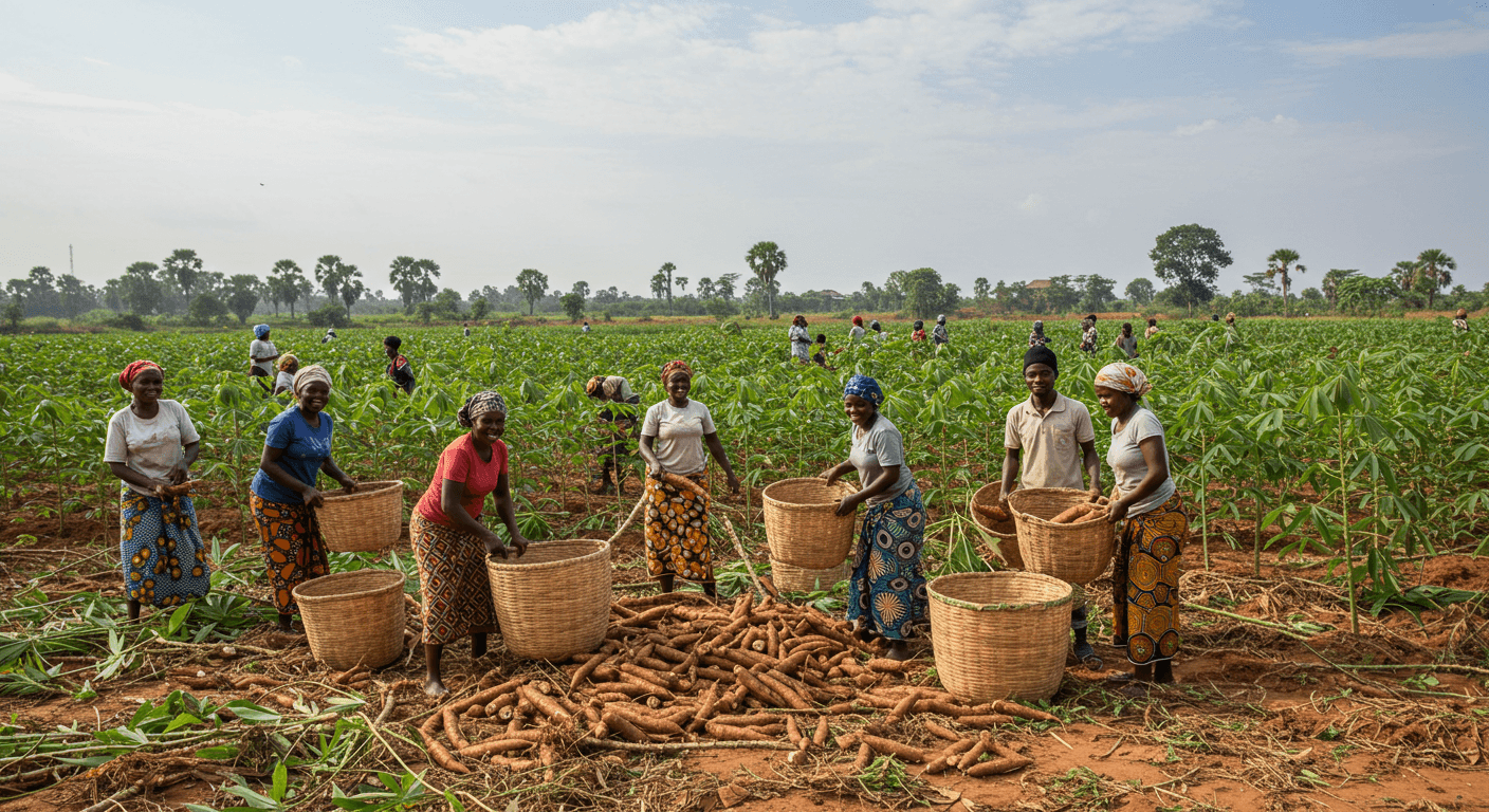 Agricultores nigerianos cosechando yuca (Imagen generada por IA)