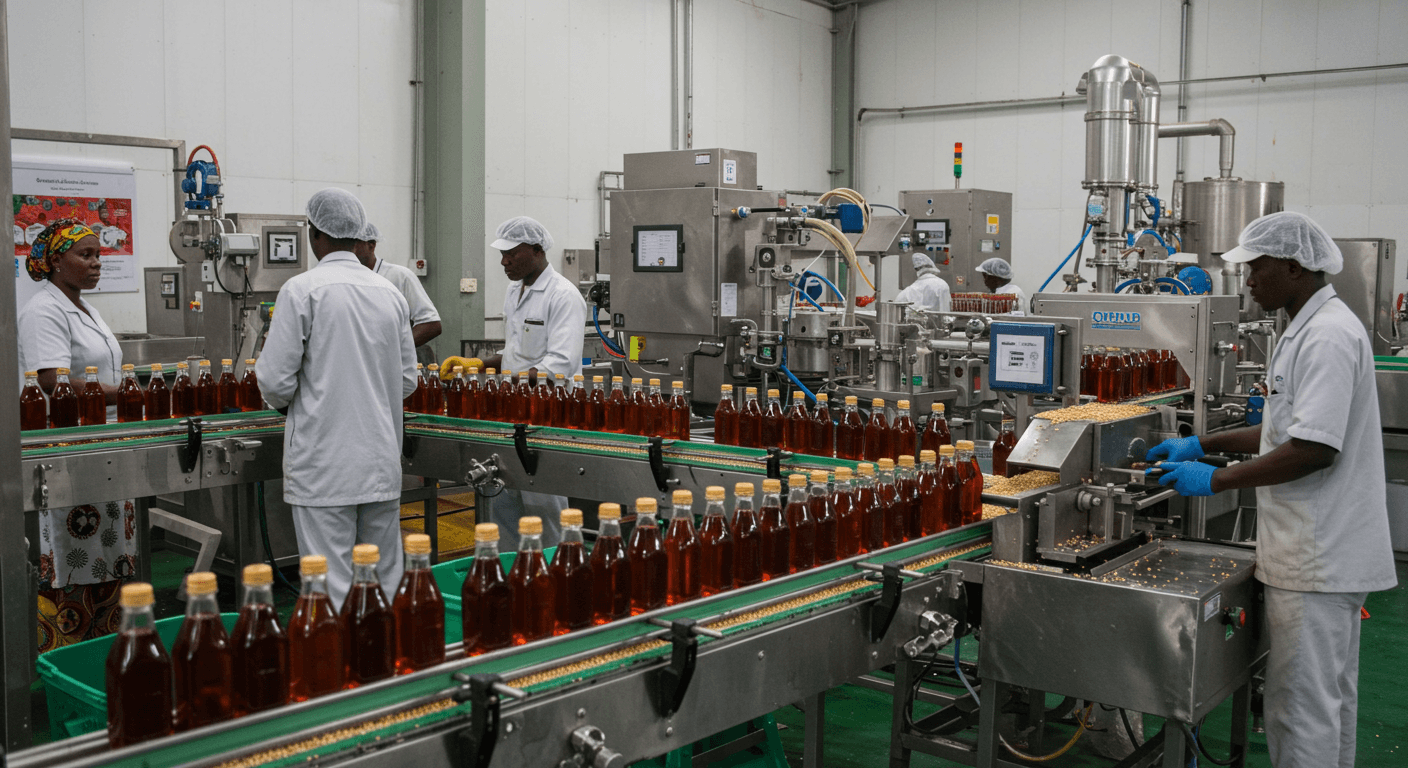 Línea de producción de jarabe de sorgo en Nigeria (Imagen generada por IA)