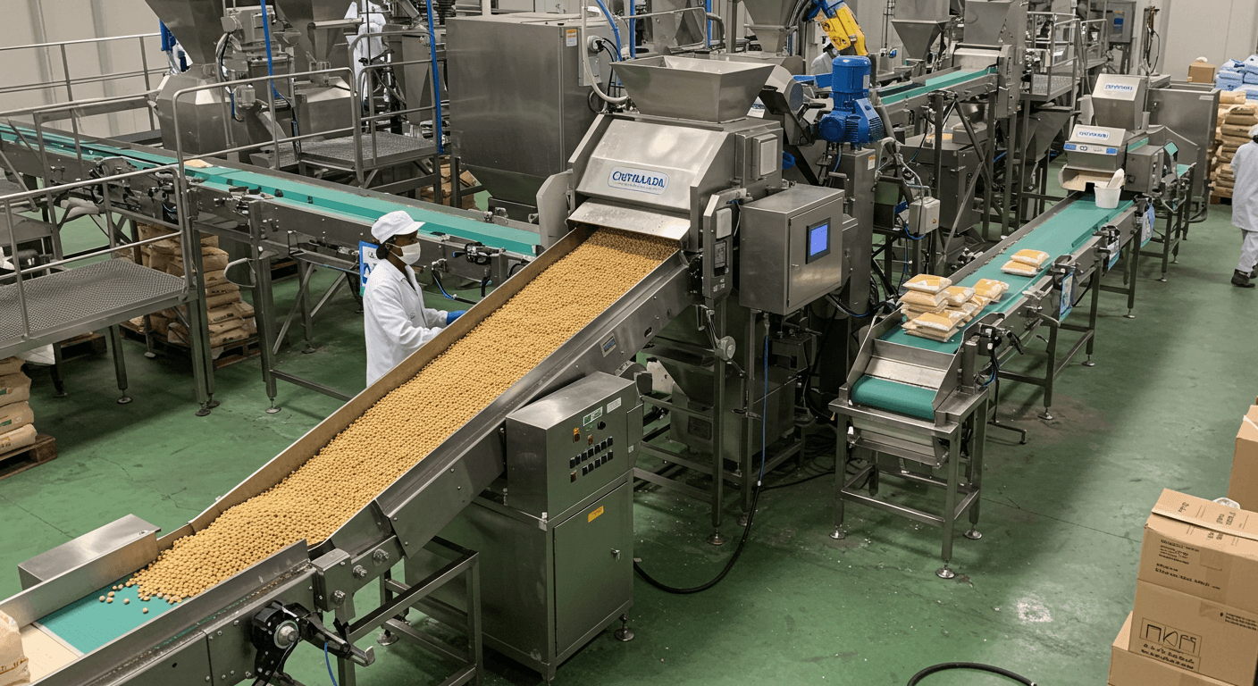 Línea de producción de harina de soja en Nigeria (Imagen generada por IA)