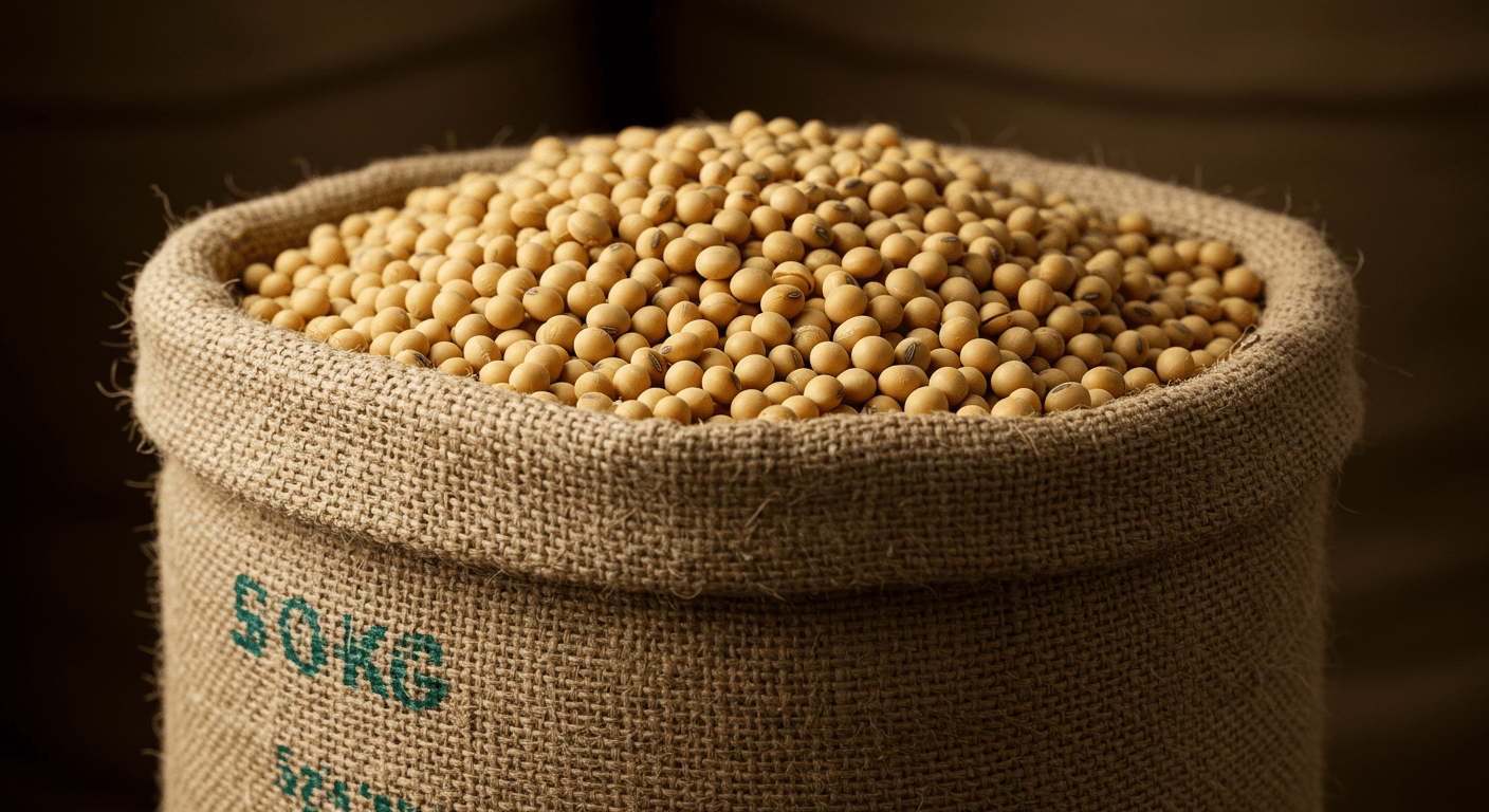 Graines de soja dans un sac de 50 kg (image générée par IA)