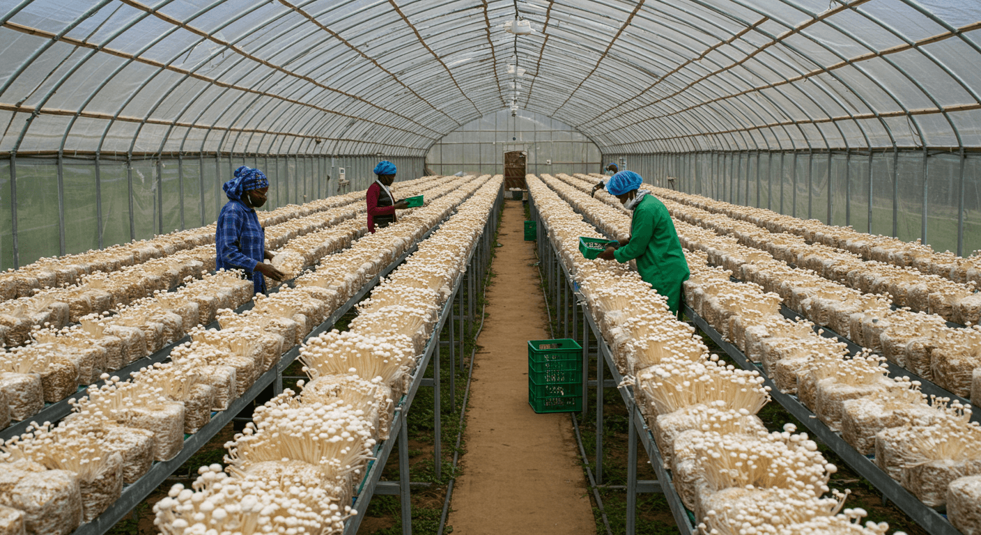 Serre de champignons enoki au Nigeria (image générée par IA).