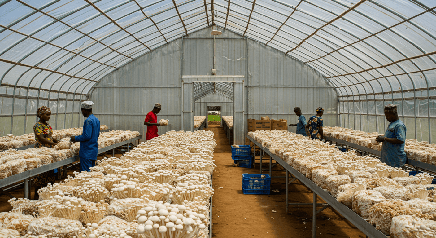 Enoki-Pilz-Gewächshaus in Nigeria (KI-generiertes Bild).