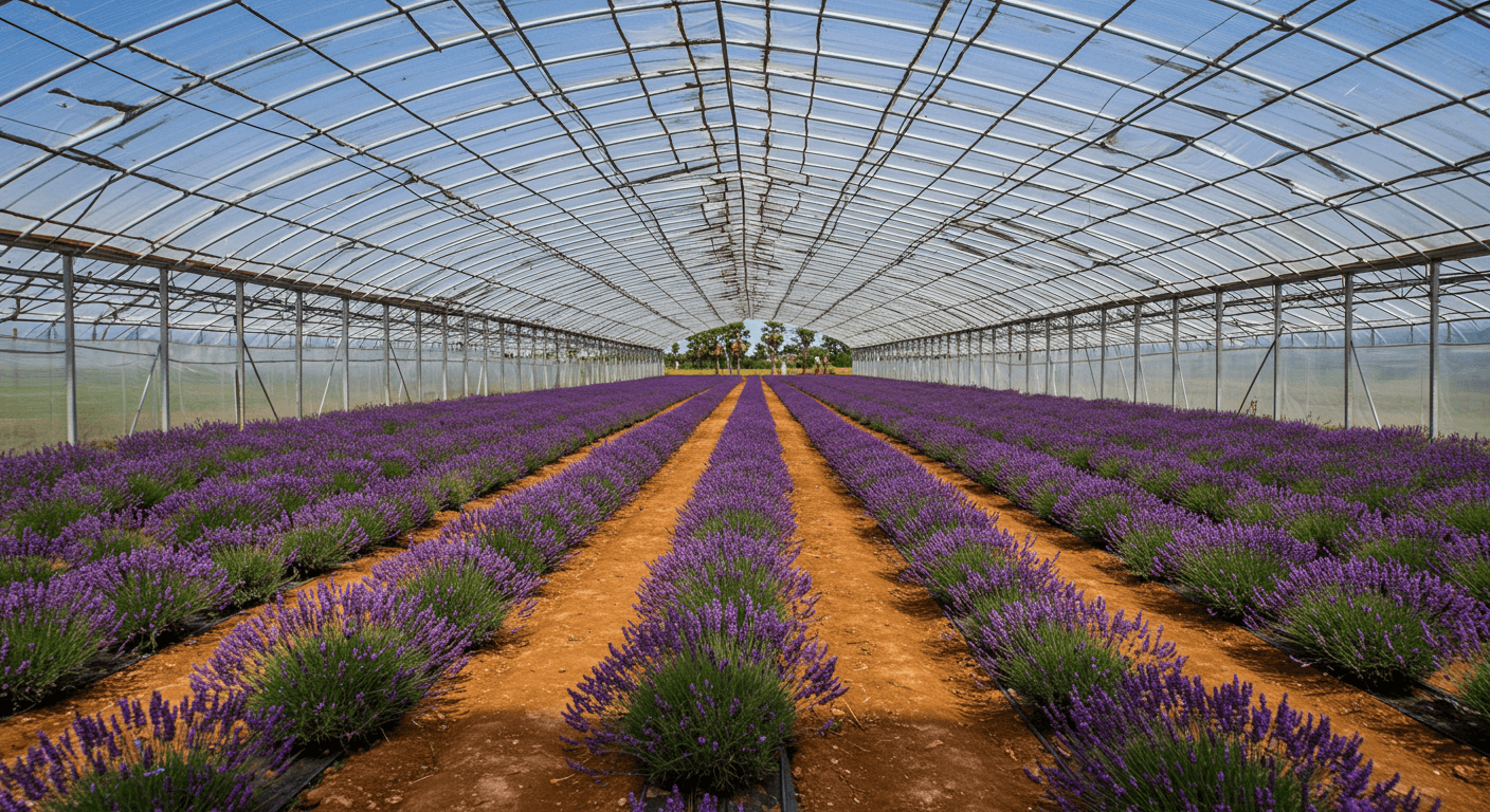 Lavendel-Gewächshaus in Nigeria (KI-generiertes Bild).