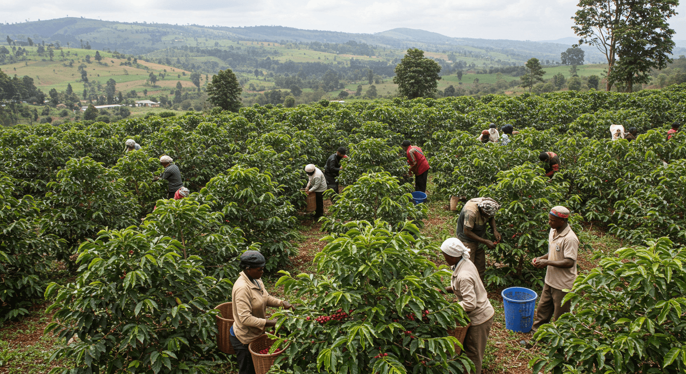 Des agriculteurs récoltant des cerises de café en Tanzanie (image générée par IA)
