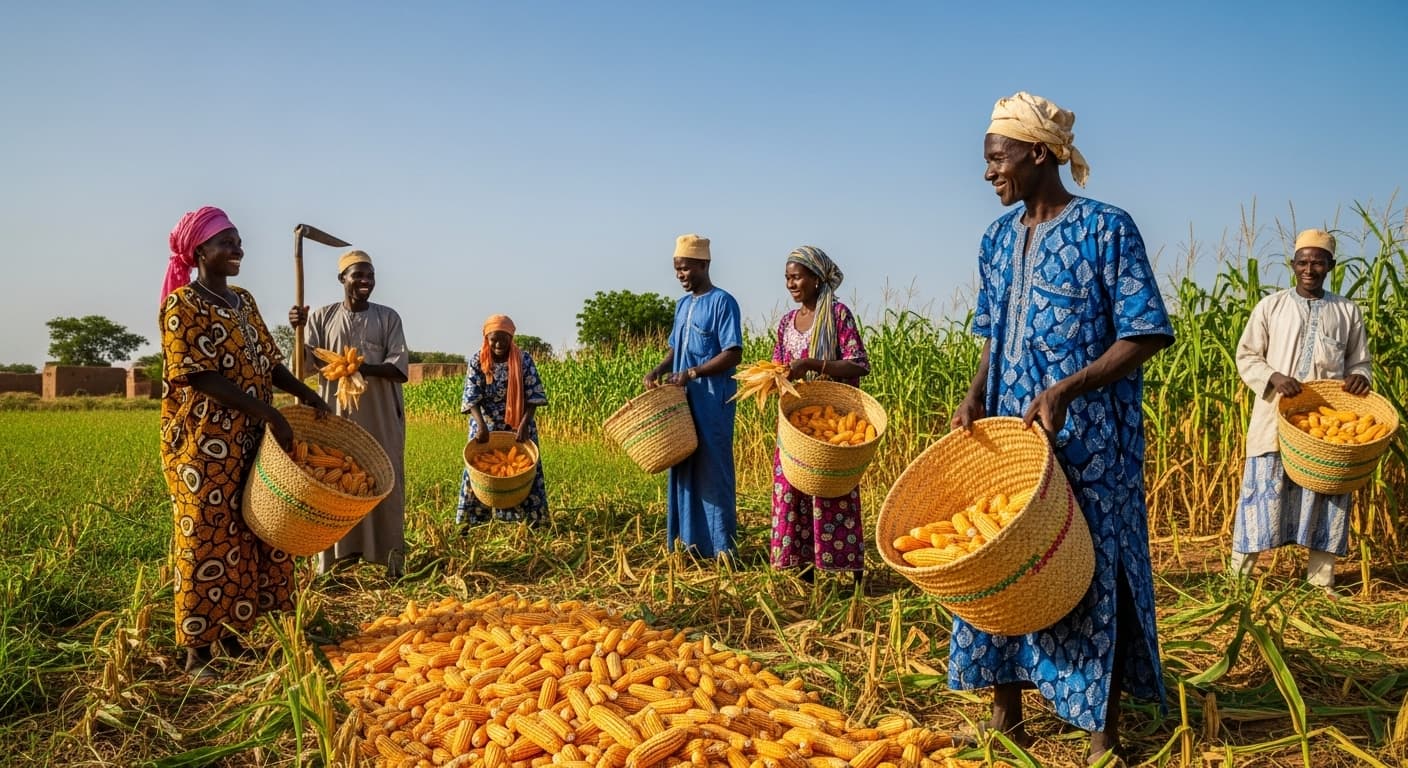 Des agriculteurs maliens récoltent du maïs (image générée par IA)
