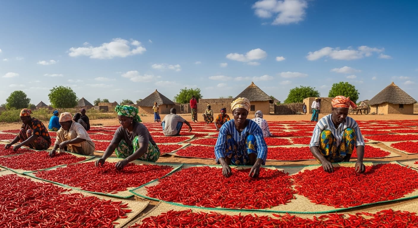 Des agriculteurs sénégalais faisant sécher des piments rouges (image générée par IA)