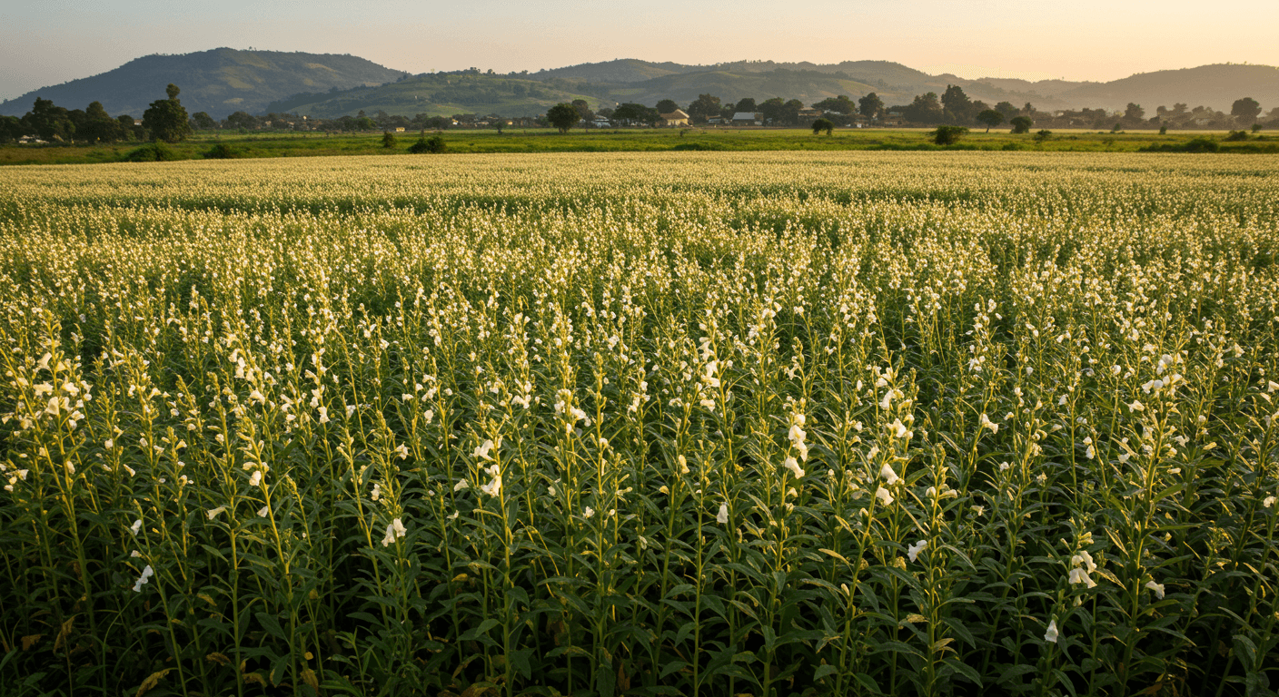 Un campo di sesamo bianco in Nigeria (immagine generata dall’IA)