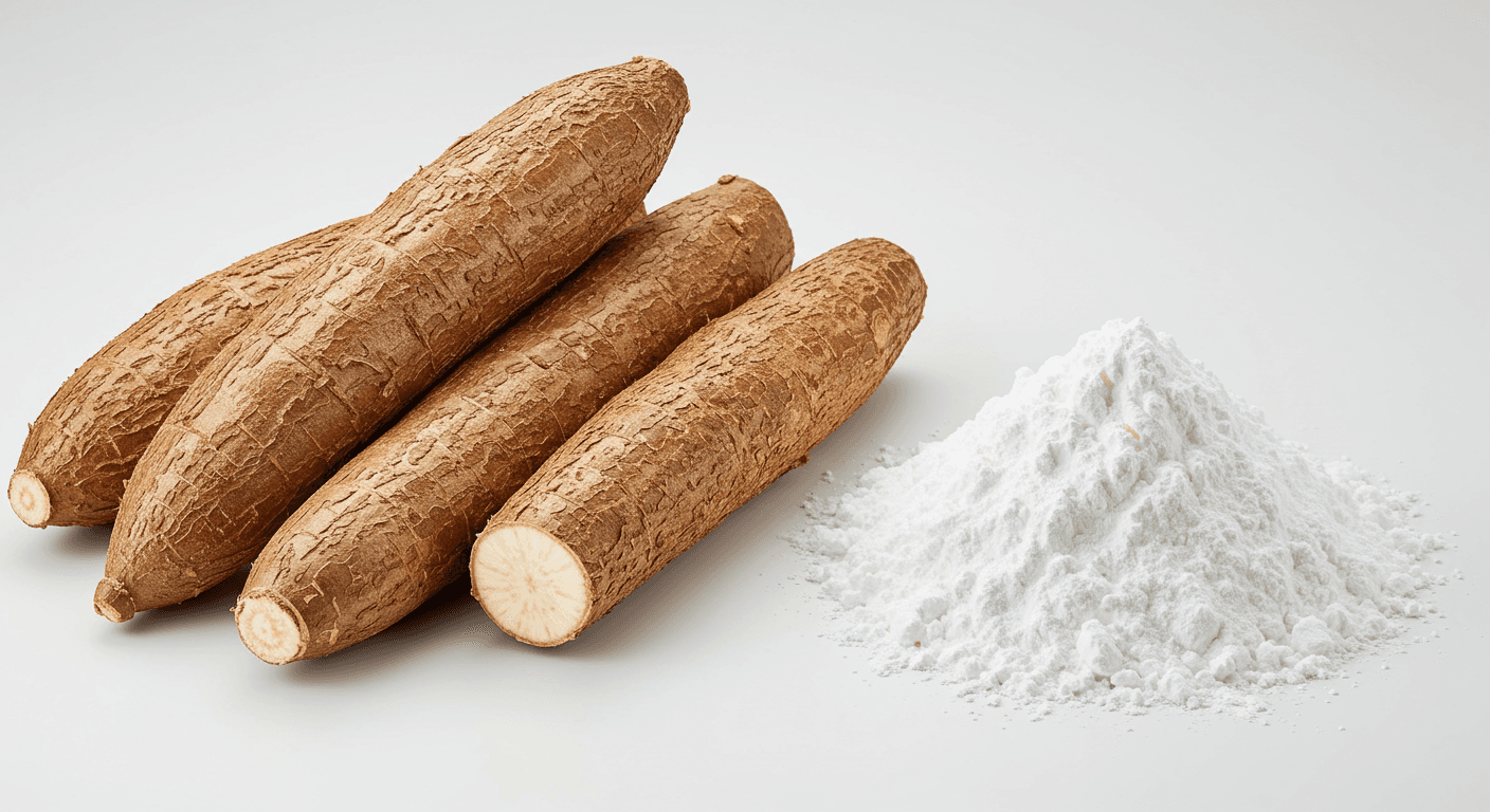 Racines de manioc et amidon de manioc côte à côte (image générée par IA).