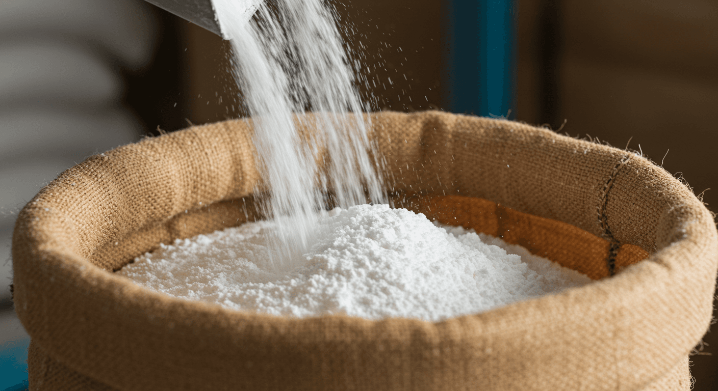 نشا الكسافا يتساقط في كيس وزنه 50 كغ (صورة مُولَّدة بواسطة الذكاء الاصطناعي).