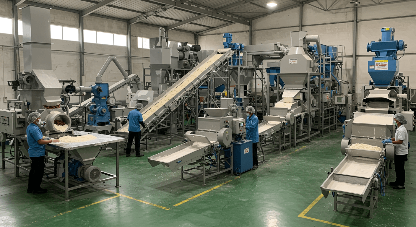 Ligne de production d'amidon de manioc (image générée par IA).