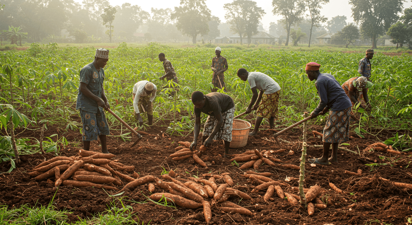 Récolte de racines de manioc fraîches (image générée par IA).