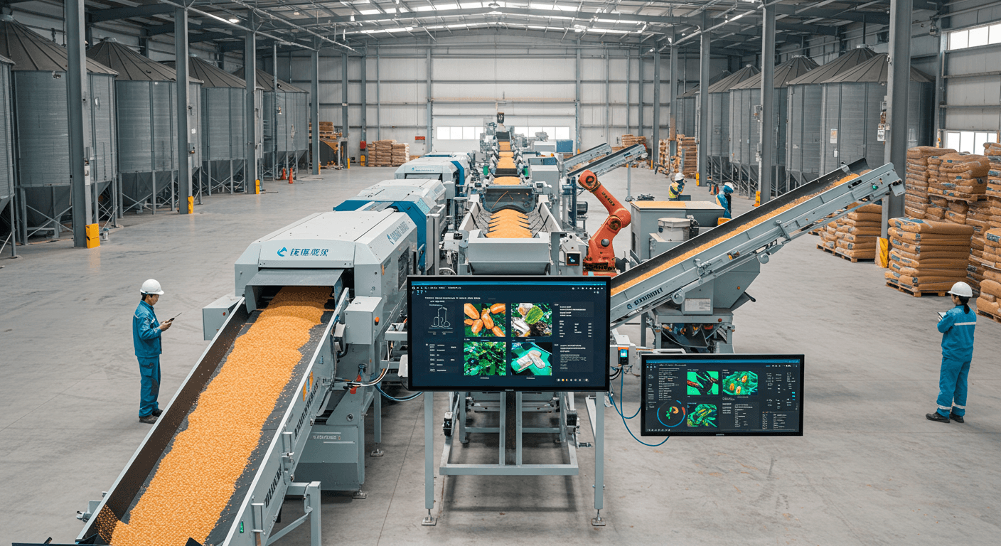 Equipo de clasificación de granos de maíz controlado por IA (imagen generada por IA).
