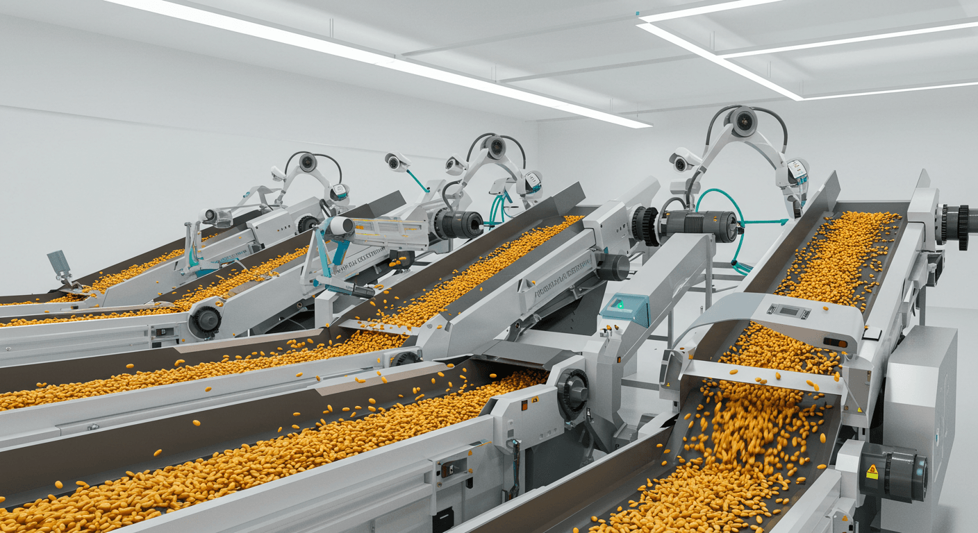Equipamento de triagem de grãos de milho controlado pela IA (imagem gerada pela IA).