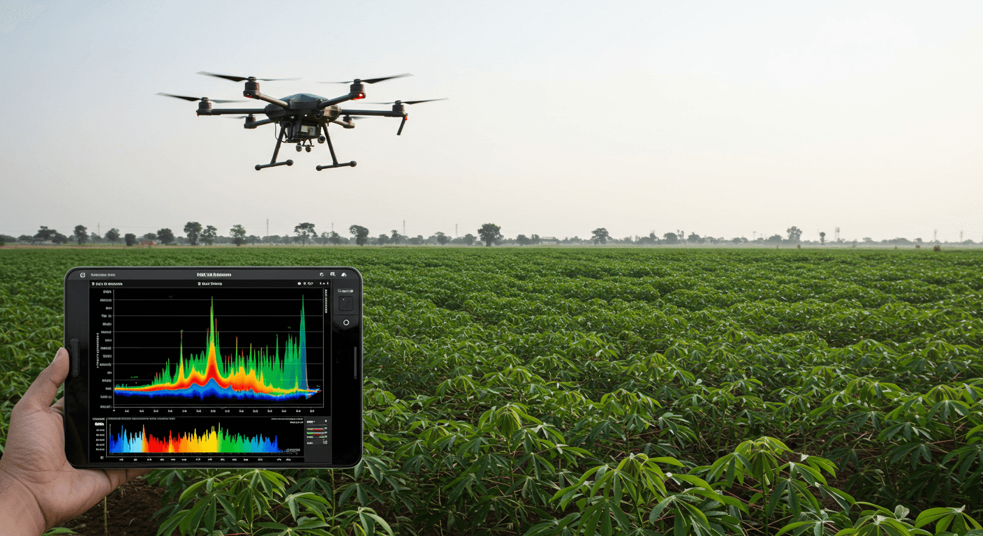Un dron agrícola mostró un análisis espectral de plantas de yuca en Nigeria (imagen generada por IA).