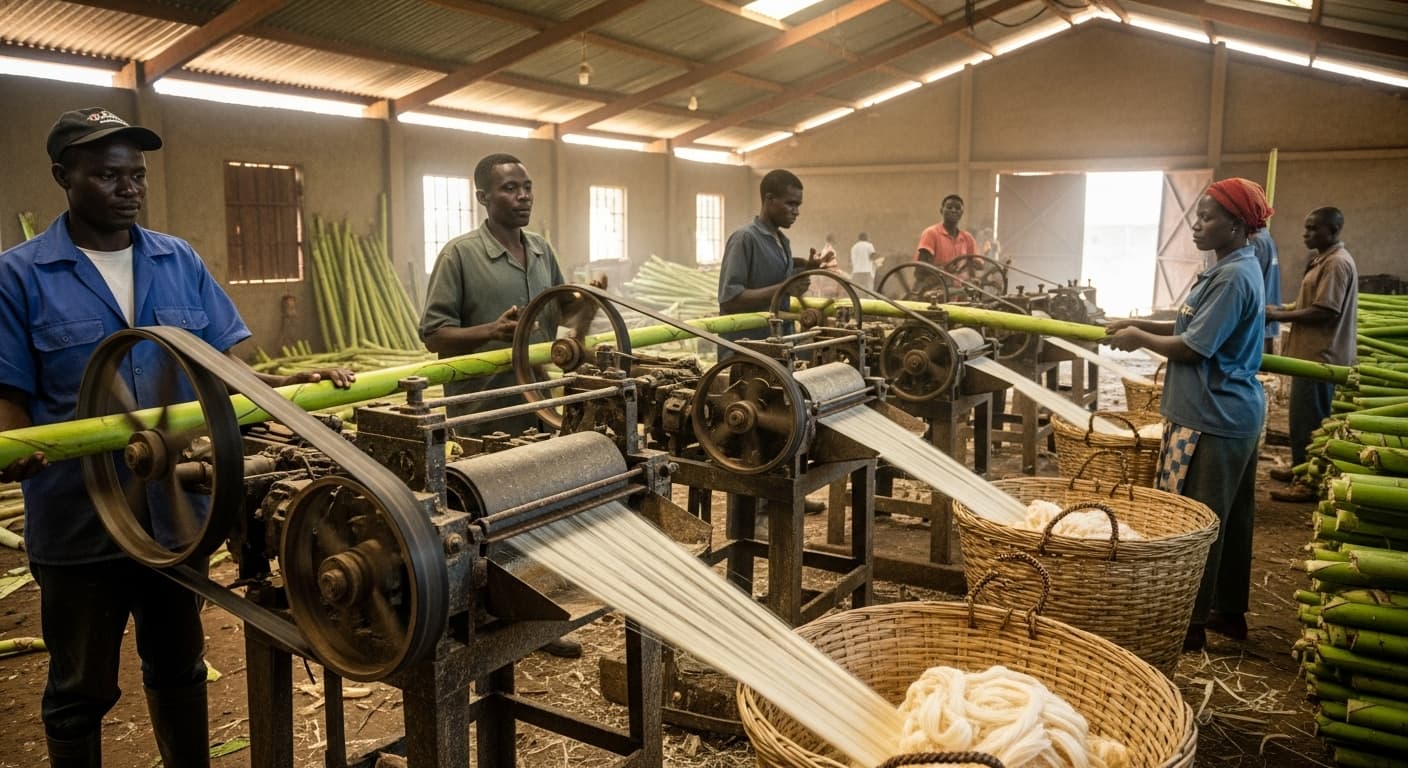 Máquinas de extracción de fibra de plátano en Uganda (imagen generada por IA).