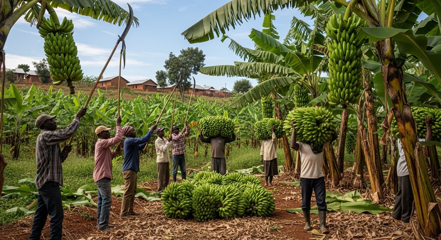 Agricultores cosechando plátanos en Uganda (imagen generada por IA).