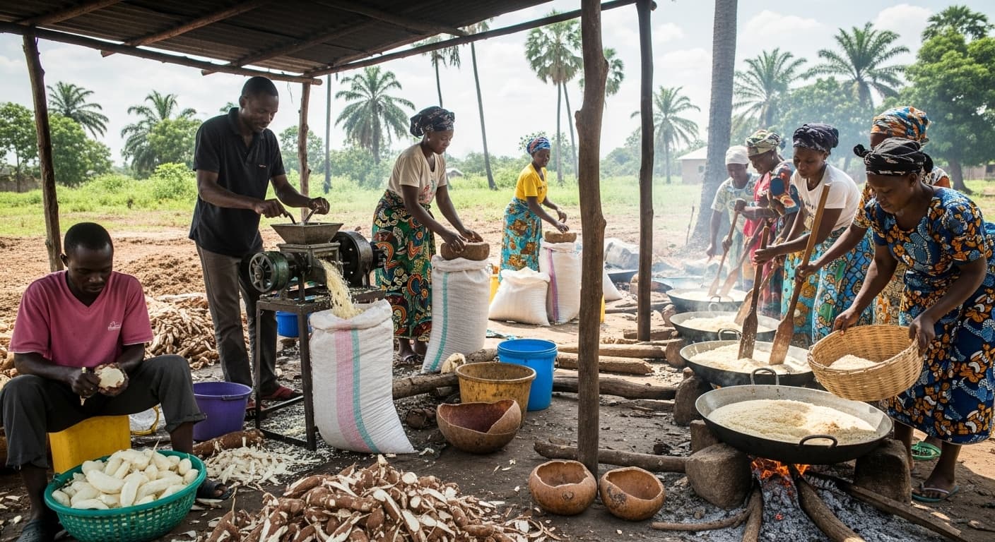 Línea de producción de gari a pequeña escala en Nigeria (imagen generada por IA).