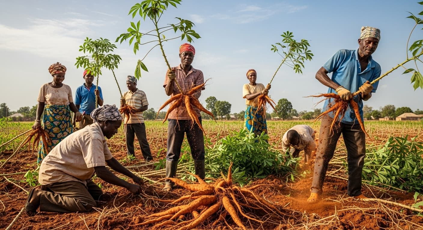 नाइजीरिया में कैसावा की कटाई कर रहे किसान (AI-जनित छवि)।