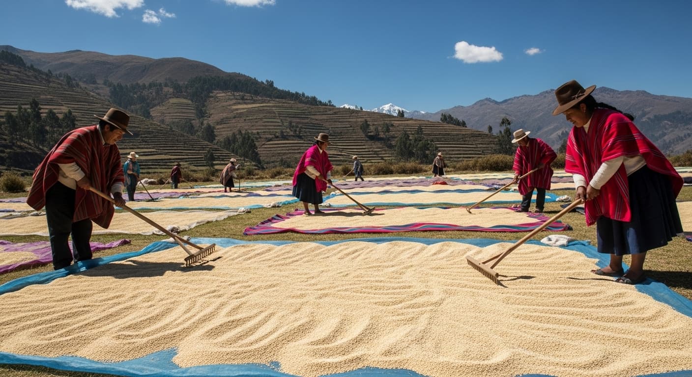 Agricultores secando quinoa no Peru (imagem gerada por IA).